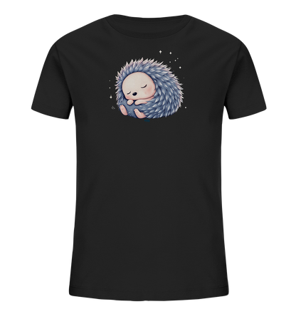Onlineshop Shirts fuer Kinder - Das Bild zeigt ein schwarzes Kinder-T-Shirt mit einer detaillierten Illustration eines schlafenden Igels. Der Igel ist eingerollt, hat weiche blau-graue Stacheln und einen sanften, geschlossenen Blick. Kleine weisse Sterne umgeben das schlafende Wesen, was eine ruhige Atmosphaere schafft.