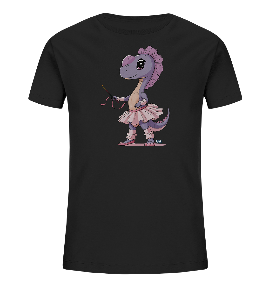 Onlineshop Shirts fuer Kinder - Das Bild zeigt ein schwarzes T-Shirt mit einem niedlichen Aufdruck eines Dinosauriers. Der Dinosaurier ist in einem violetten Farbton gehalten und traegt ein hellrosa Ballettoutfit inklusive Tutu und Ballettschuhen. Die Figur haelt einen Stab mit einem rosa Band in der Hand und hat einen freundlichen Ausdruck. Dieses verspielte Design ist ideal fuer Kinder.