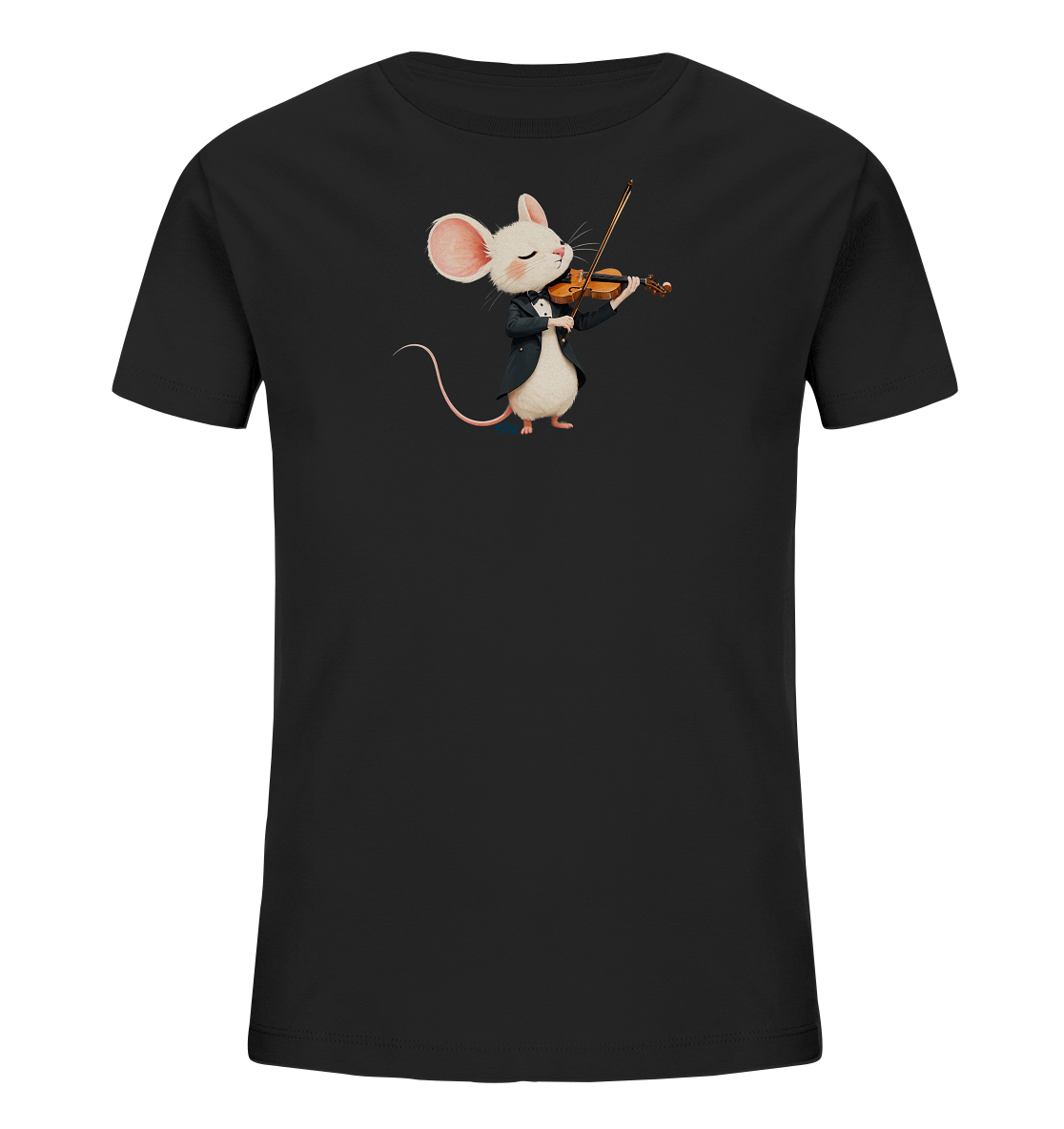 Onlineshop Shirts fuer Kinder - Das Bild zeigt ein schwarzes T-Shirt fuer Kinder, das eine entzueckende Maus in einem Smoking abbildet. Die Maus spielt leidenschaftlich Geige, mit geschlossenen Augen und einem zufriedenen Ausdruck. Ihre rosa Ohren und der lange Schwanz heben sich vom schwarzen Outfit ab. Das Design wirkt musikalisch und charmant, ideal fuer kleine Kuenstler.