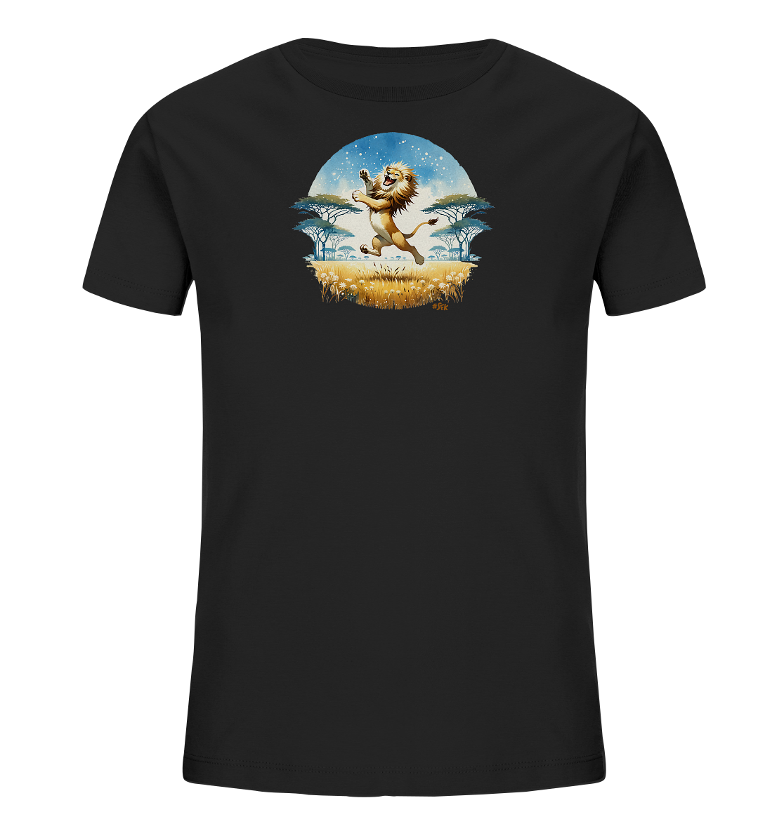 Onlineshop Shirts fuer Kinder - Das Bild zeigt ein schwarzes Kinder-T-Shirt mit einem kreisfoermigen Motiv in der Mitte. Die Illustration stellt einen springenden Loewen in einer afrikanischen Savannenlandschaft mit Baeumen, hohem Gras und einem sternenklaren Himmel dar. Das Design ist farbenfroh und vermittelt eine lebendige Atmosphaere, ideal fuer ein verspieltes Kinder-Outfit.