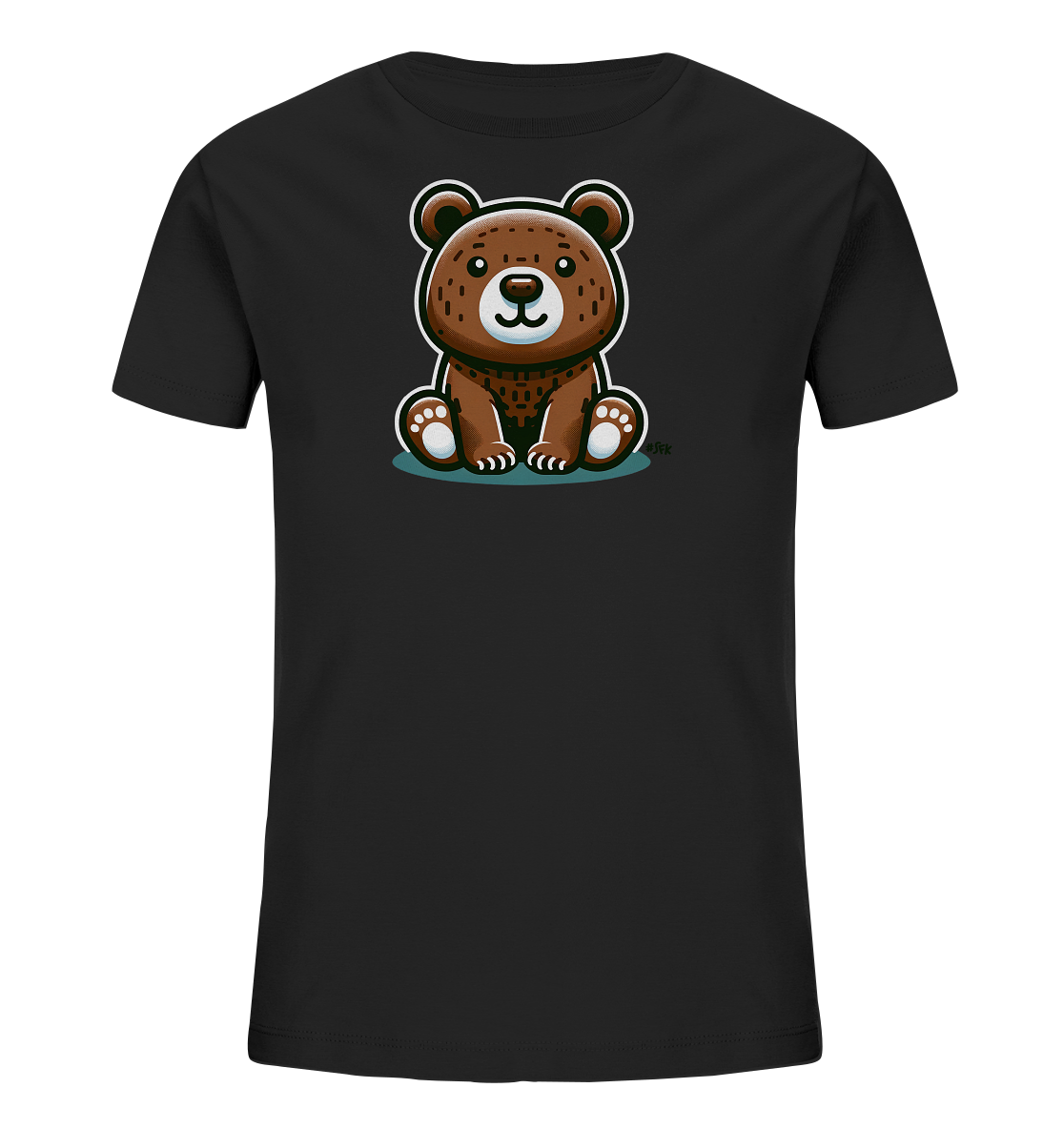 Onlineshop Shirts fuer Kinder - Das Bild zeigt ein schwarzes Kinder-T-Shirt mit einem niedlichen, cartoonhaften Baerenmotiv auf der Vorderseite. Der braune Baer sitzt aufrecht, hat grosse Ohren und ein freundliches Laecheln. Er ist detailliert mit helleren Akzenten und weissen Pfoten dargestellt. Das Design ist zentriert auf dem Shirt platziert.