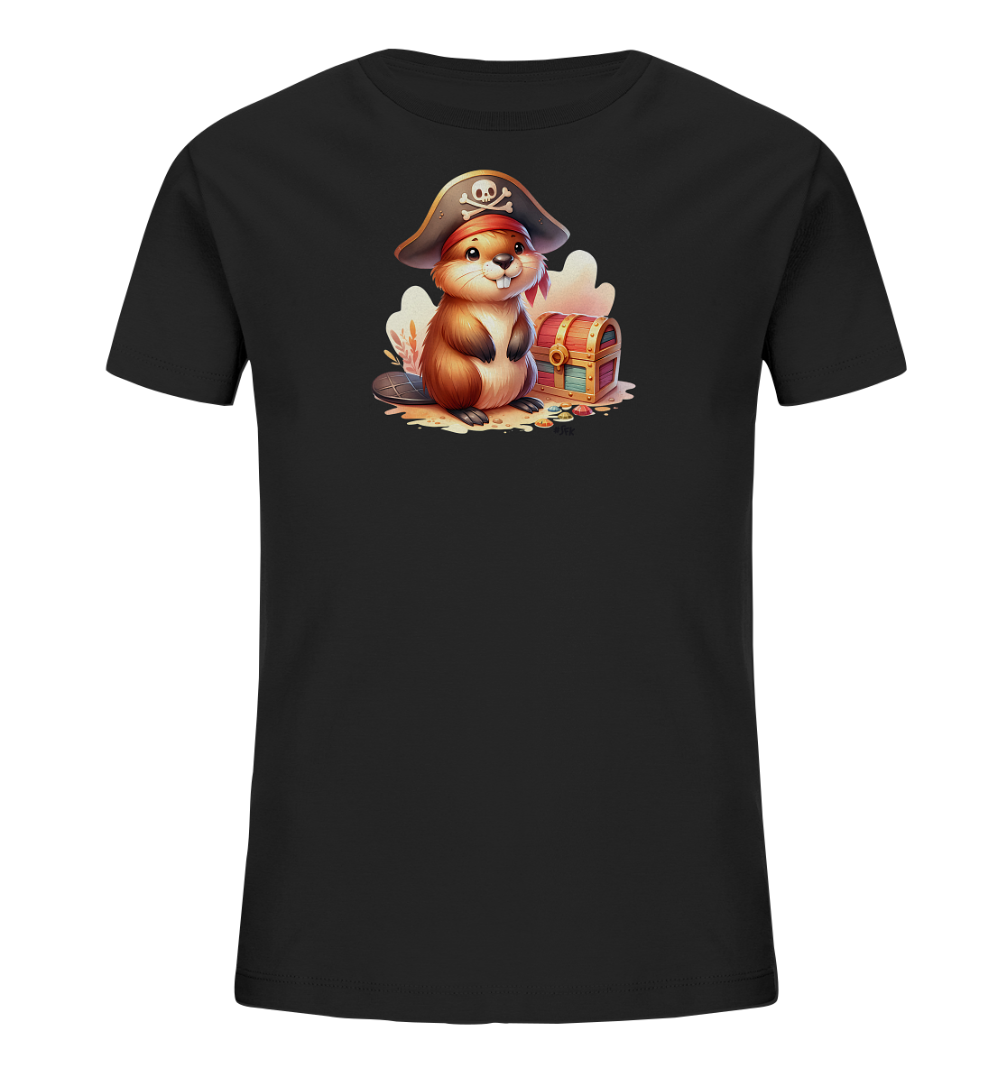 Onlineshop Shirts fuer Kinder - Dieses schwarze Kinder-T-Shirt zeigt eine detailreiche Grafik eines niedlichen Bibers. Der Biber traegt einen Piratenhut und sitzt neben einer geoeffneten Schatzkiste voller glaenzender Muenzen und Juwelen. Die Illustration ist im Comic-Stil gehalten, mit leuchtenden Farben und freundlichem Ausdruck des Bibers. Das Design vermittelt eine abenteuerliche Piraten-Atmosphaere.