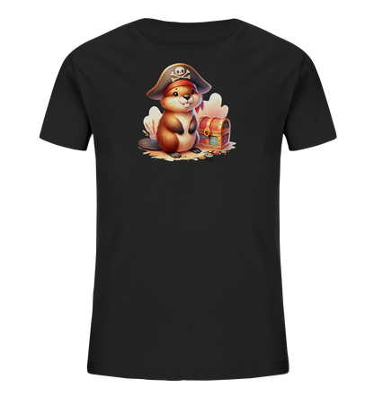 Onlineshop Shirts fuer Kinder - Dieses schwarze Kinder-T-Shirt zeigt eine detailreiche Grafik eines niedlichen Bibers. Der Biber traegt einen Piratenhut und sitzt neben einer geoeffneten Schatzkiste voller glaenzender Muenzen und Juwelen. Die Illustration ist im Comic-Stil gehalten, mit leuchtenden Farben und freundlichem Ausdruck des Bibers. Das Design vermittelt eine abenteuerliche Piraten-Atmosphaere.