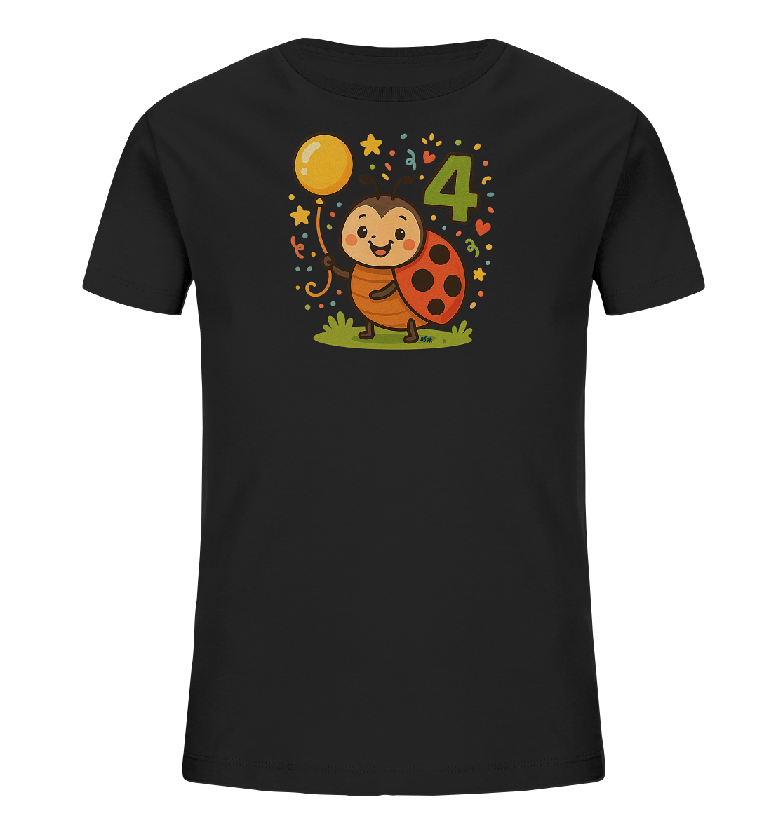 Onlineshop Shirts fuer Kinder - Das Bild zeigt ein schwarzes Kinder-T-Shirt mit einem farbenfrohen Motiv auf der Vorderseite. Abgebildet ist ein suesser Comic-Marienkaefer, der einen gelben Ballon in der Hand haelt. Neben der Figur steht eine grosse gruene Zahl '4'. Das Design ist mit bunten Elementen wie Sternen, Konfetti und Herzen verziert und wirkt sehr froehlich.