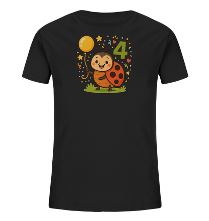 Onlineshop Shirts fuer Kinder - Das Bild zeigt ein schwarzes Kinder-T-Shirt mit einem farbenfrohen Motiv auf der Vorderseite. Abgebildet ist ein suesser Comic-Marienkaefer, der einen gelben Ballon in der Hand haelt. Neben der Figur steht eine grosse gruene Zahl '4'. Das Design ist mit bunten Elementen wie Sternen, Konfetti und Herzen verziert und wirkt sehr froehlich.