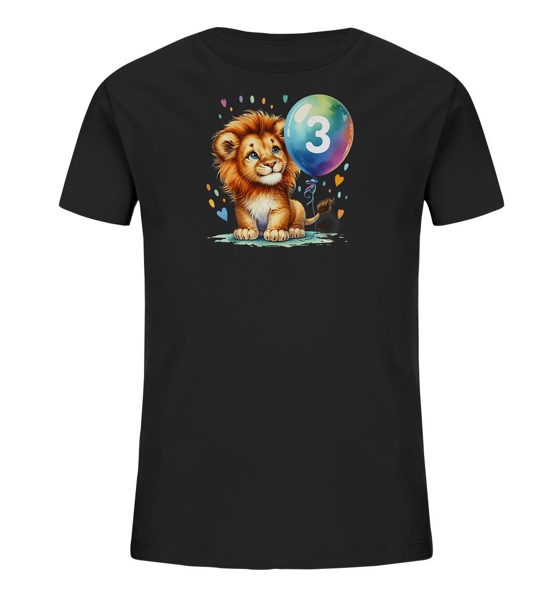 Onlineshop Shirts fuer Kinder - Das Bild zeigt ein schwarzes T-Shirt fuer Kinder mit einem farbigen Aufdruck auf der Vorderseite. Das Design zeigt ein niedliches, cartoonartiges Loewenbaby, das neben einem regenbogenfarbenen Ballon sitzt. Auf dem Ballon ist die Zahl '3' in Weiss zu sehen. Um das Motiv herum sind kleine bunte Punkte und Herzen verstreut, was dem Shirt einen froehlichen Look verleiht.