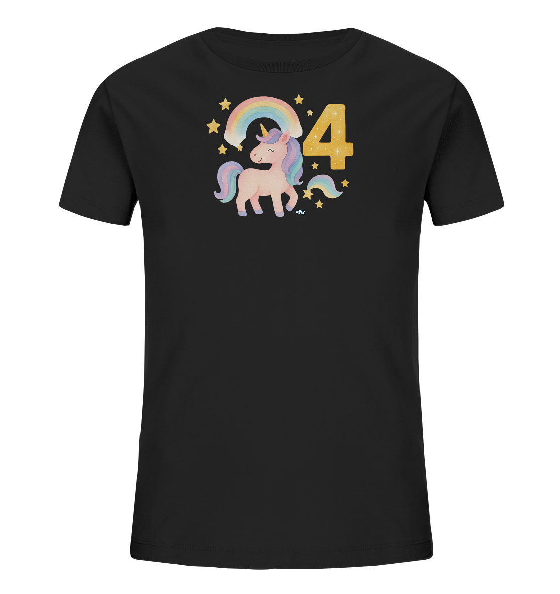 Onlineshop Shirts fuer Kinder - Das Bild zeigt ein schwarzes Kinder-T-Shirt mit einem farbenfrohen Motiv auf der Vorderseite. Zu sehen ist ein rosa Einhorn mit bunter Maehne und einem gelben Horn. Daneben steht die grosse, gelbe Zahl '4'. Ein Regenbogen und kleine Sterne runden das verspielte Design ab.