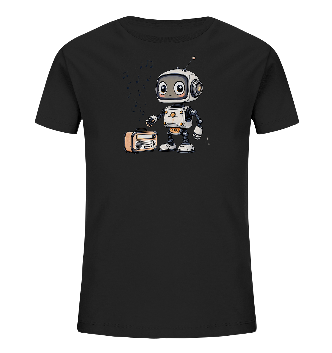 Onlineshop Shirts für Kinder - Das Bild zeigt ein schwarzes Kinder-T-Shirt mit einem farbenfrohen Aufdruck auf der Vorderseite. Der Aufdruck stellt einen freundlichen, cartoonhaften Roboter dar, der neben einem orangefarbenen Vintage-Radio steht. Über dem Roboter sind mehrere schwarze Noten zu sehen, die andeuten, dass Musik gespielt wird. Das Design ist verspielt und detailreich, ideal für kleine Musik- und Roboterfans.
