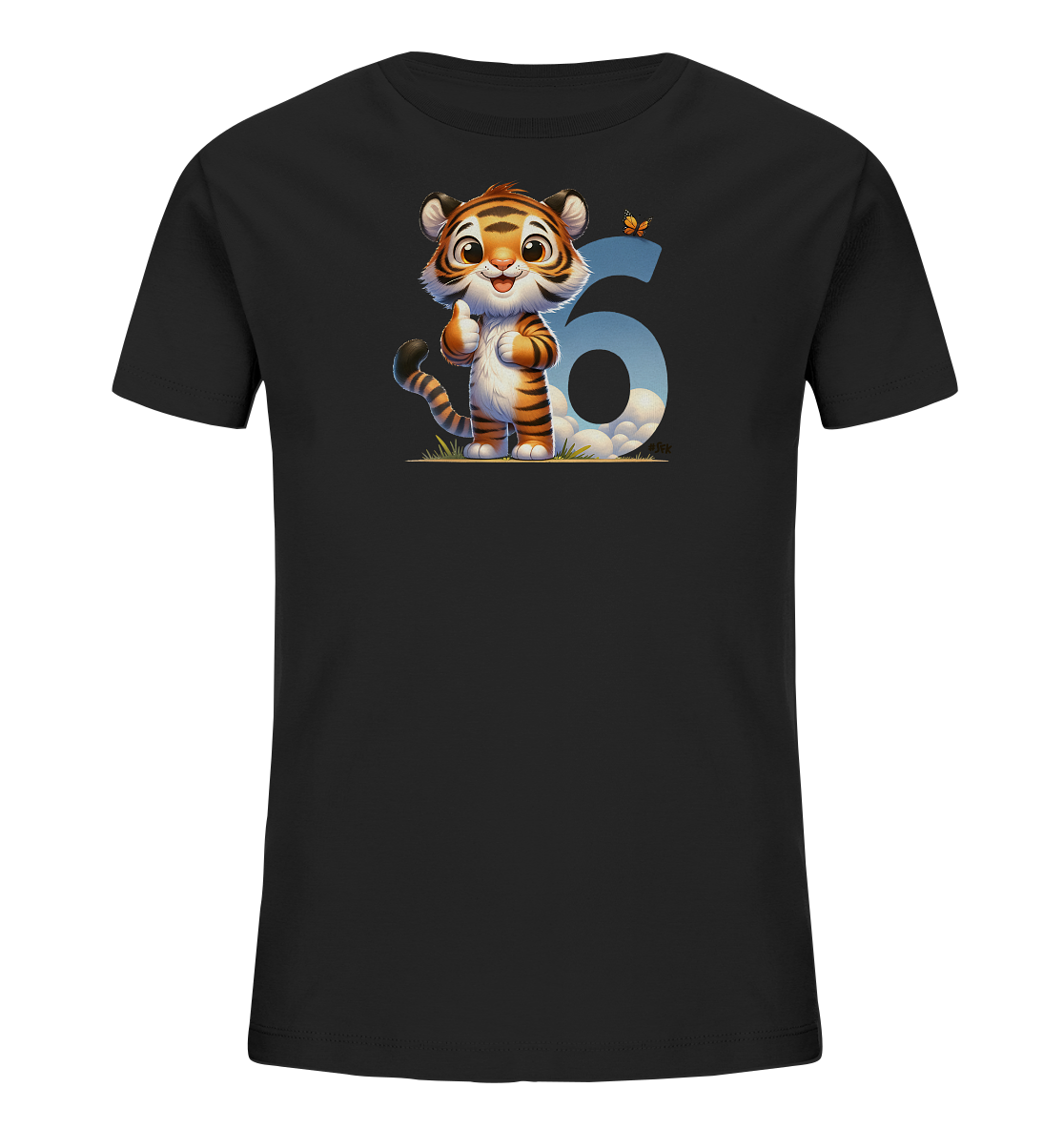 Onlineshop Shirts fuer Kinder - Das Bild zeigt ein schwarzes T-Shirt fuer Kinder mit einem farbenfrohen Aufdruck auf der Vorderseite. Zu sehen ist ein laechelnder Cartoon-Tiger, der einen Daumen hoch zeigt. Neben dem Tiger steht die grosse Zahl '6', die mit einem Himmelmotiv gefuellt ist. Ein kleiner orangefarbener Schmetterling rundet das verspielte Design ab.