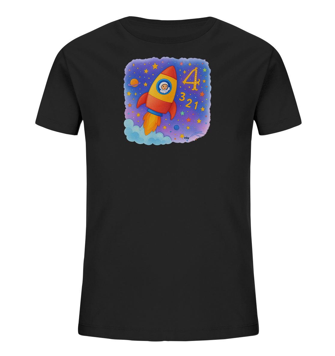 Onlineshop Shirts fuer Kinder - Dieses schwarze T-Shirt fuer Kinder zeigt eine farbenfrohe Weltraumgrafik auf der Vorderseite. Eine orange-rote Rakete mit einer Figur im Fenster steigt auf, umgeben von Sternen, Wolken und einem kleinen Planeten. Rechts neben der Rakete ist die grosse Zahl 4 sowie ein kleiner Countdown 3, 2, 1 abgebildet. Das Design ist detailreich und thematisch auf den Weltraumflug ausgerichtet.