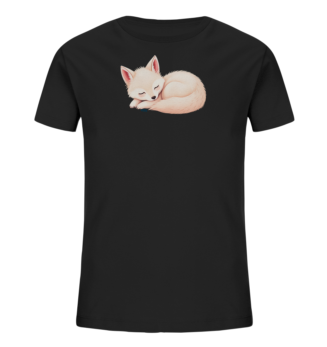 Onlineshop Shirts fuer Kinder - Das Bild zeigt ein schwarzes Kinder-T-Shirt mit einem niedlichen Motiv eines schlafenden Fuchses. Der helle Fuchs ist zusammengerollt dargestellt und wirkt sehr friedlich. Seine Augen sind geschlossen und das Fell ist in sanften Cremetoenen gehalten. Das Design verleiht dem Shirt einen ruhigen und verspielten Charakter.
