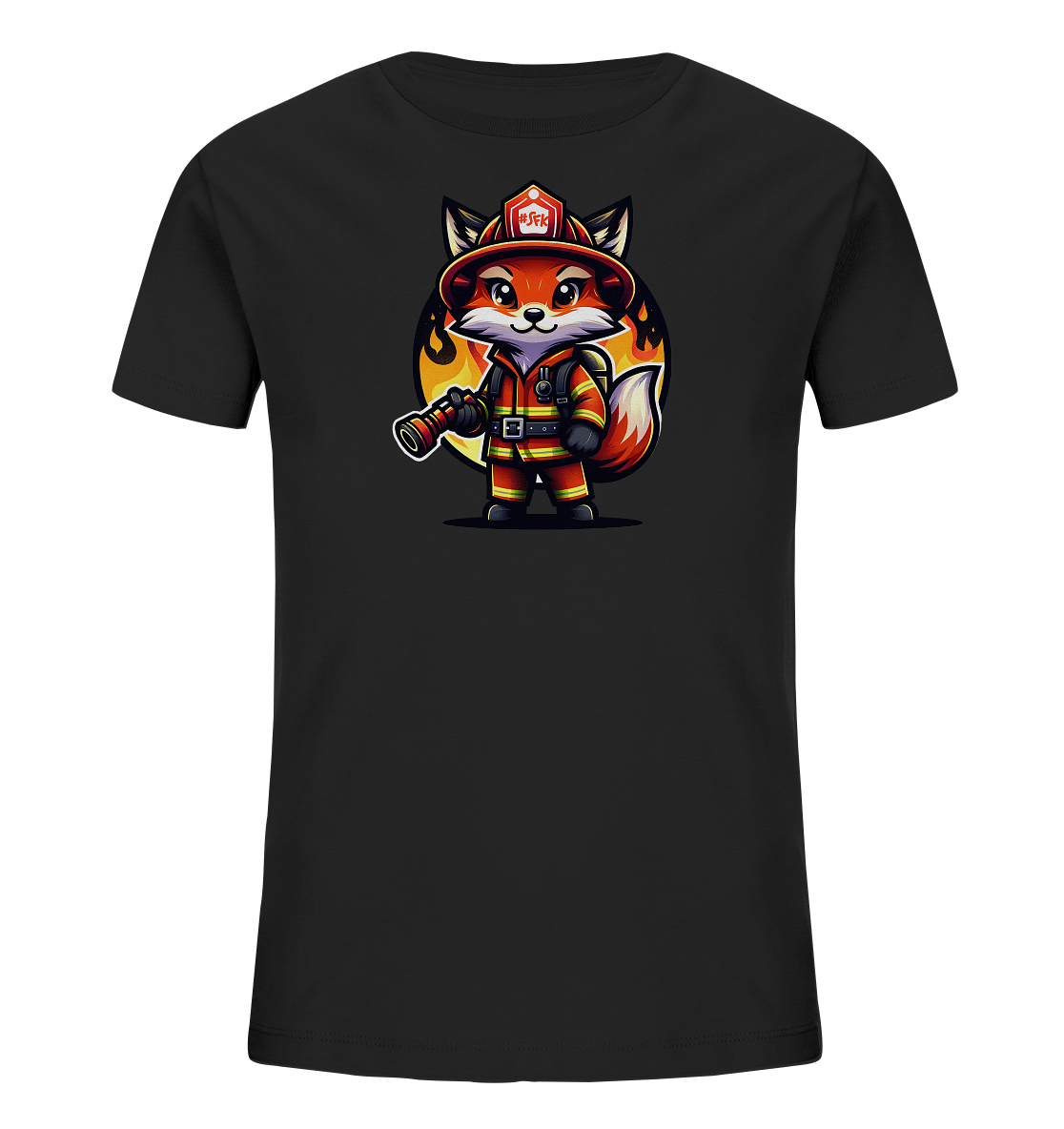 Onlineshop Shirts fuer Kinder - Dieses schwarze Kinder-T-Shirt zeigt eine Illustration eines niedlichen Fuchses als Feuerwehrmann. Der Fuchs traegt eine orange-rote Uniform, einen roten Helm und haelt eine Schlauchduese. Im Hintergrund ist ein ovaler Bereich mit stilisierten Flammen dargestellt. Das Design ist farbenfroh und detailreich.