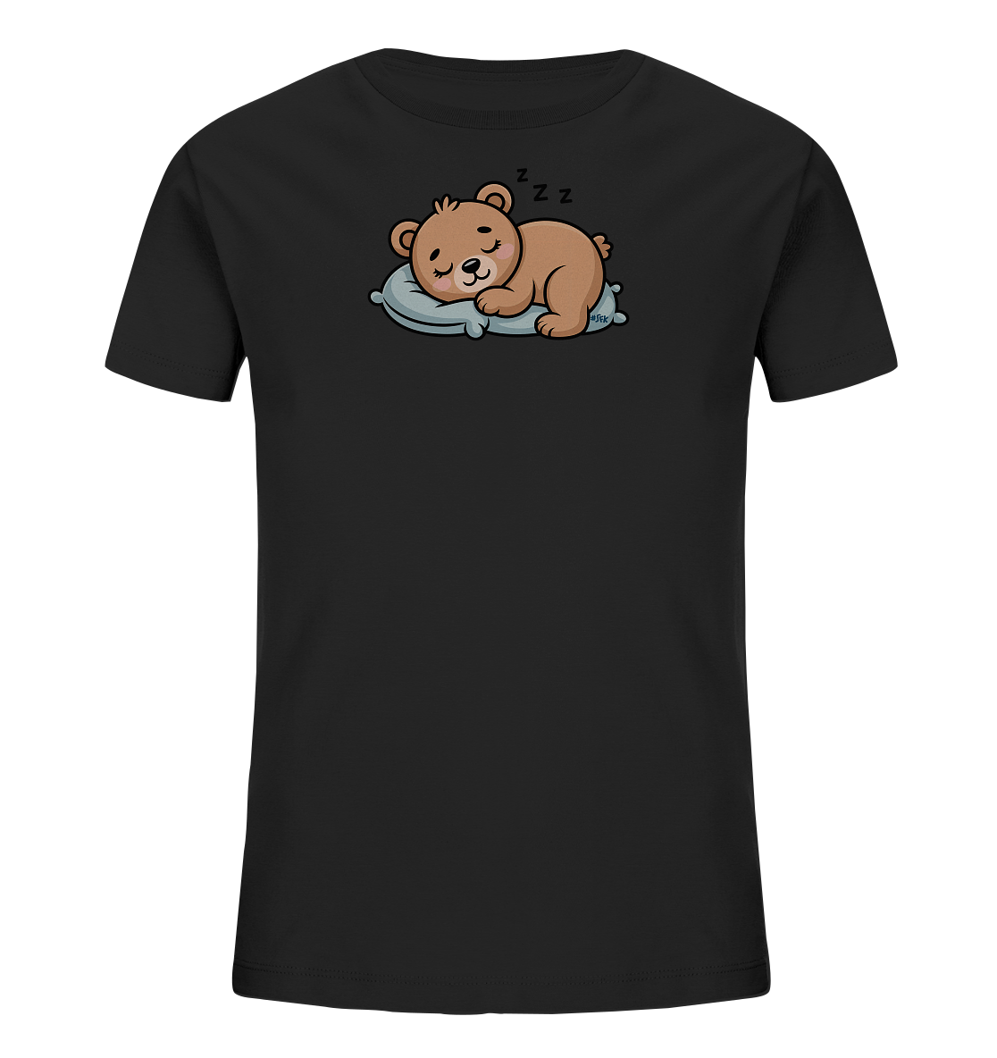Onlineshop Shirts fuer Kinder - Das Bild zeigt ein schwarzes Kinder-T-Shirt mit einem niedlichen Comic-Motiv. Im Zentrum ist ein brauner Baer dargestellt, der friedlich auf einem hellblauen Kissen schlaeft. Über dem Kopf des Baeren sind drei 'Z'-Buchstaben zu sehen, die seinen Schlaf symbolisieren. Das Design wirkt beruhigend und ist ideal fuer Kinder.