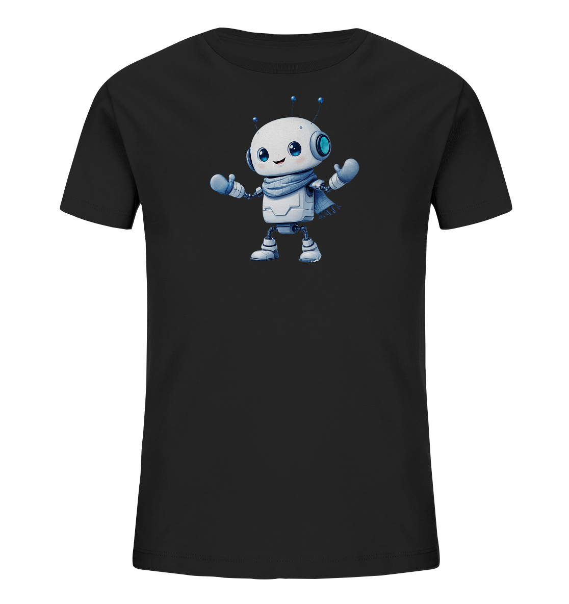 Onlineshop Shirts für Kinder - Das Bild zeigt ein schwarzes T-Shirt für Kinder, das auf der Vorderseite mit einem freundlichen Roboter bedruckt ist. Die Illustration des Roboters ist in einem charmanten Cartoon-Stil gehalten. Der Roboter ist überwiegend weiß mit blauen Akzenten wie Augen, Antennen und einem Schal dargestellt. Er lächelt und hat die Arme leicht geöffnet, was dem Design einen ansprechenden und verspielten Charakter verleiht.