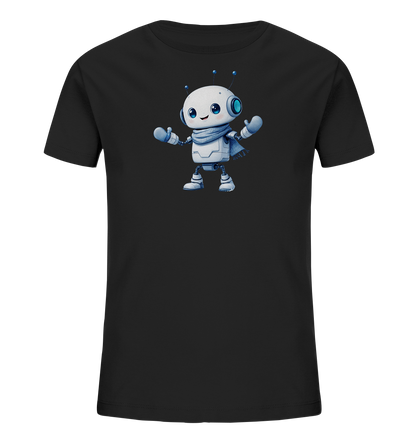Onlineshop Shirts für Kinder - Das Bild zeigt ein schwarzes T-Shirt für Kinder, das auf der Vorderseite mit einem freundlichen Roboter bedruckt ist. Die Illustration des Roboters ist in einem charmanten Cartoon-Stil gehalten. Der Roboter ist überwiegend weiß mit blauen Akzenten wie Augen, Antennen und einem Schal dargestellt. Er lächelt und hat die Arme leicht geöffnet, was dem Design einen ansprechenden und verspielten Charakter verleiht.