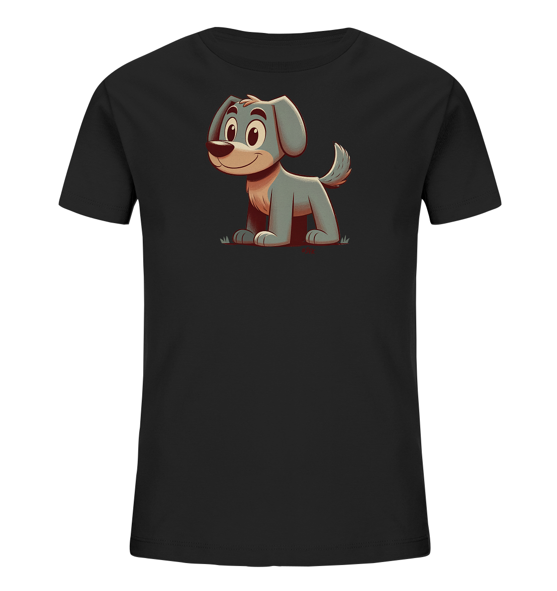 Onlineshop Shirts fuer Kinder - Dieses schwarze T-Shirt fuer Kinder zeigt eine niedliche Cartoon-Illustration eines kleinen Hundes auf der Vorderseite. Der hellblaue Hund sitzt auf einer angedeuteten Grasflaeche und hat ein freundliches Laecheln im Gesicht. Mit seinen grossen Augen und aufgestellten Ohren wirkt der Hund sehr zugaenglich. Das Design ist zentral auf dem Shirt positioniert und farblich ansprechend gestaltet.