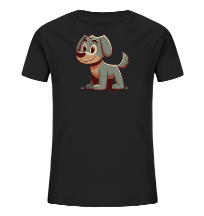 Onlineshop Shirts fuer Kinder - Dieses schwarze T-Shirt fuer Kinder zeigt eine niedliche Cartoon-Illustration eines kleinen Hundes auf der Vorderseite. Der hellblaue Hund sitzt auf einer angedeuteten Grasflaeche und hat ein freundliches Laecheln im Gesicht. Mit seinen grossen Augen und aufgestellten Ohren wirkt der Hund sehr zugaenglich. Das Design ist zentral auf dem Shirt positioniert und farblich ansprechend gestaltet.