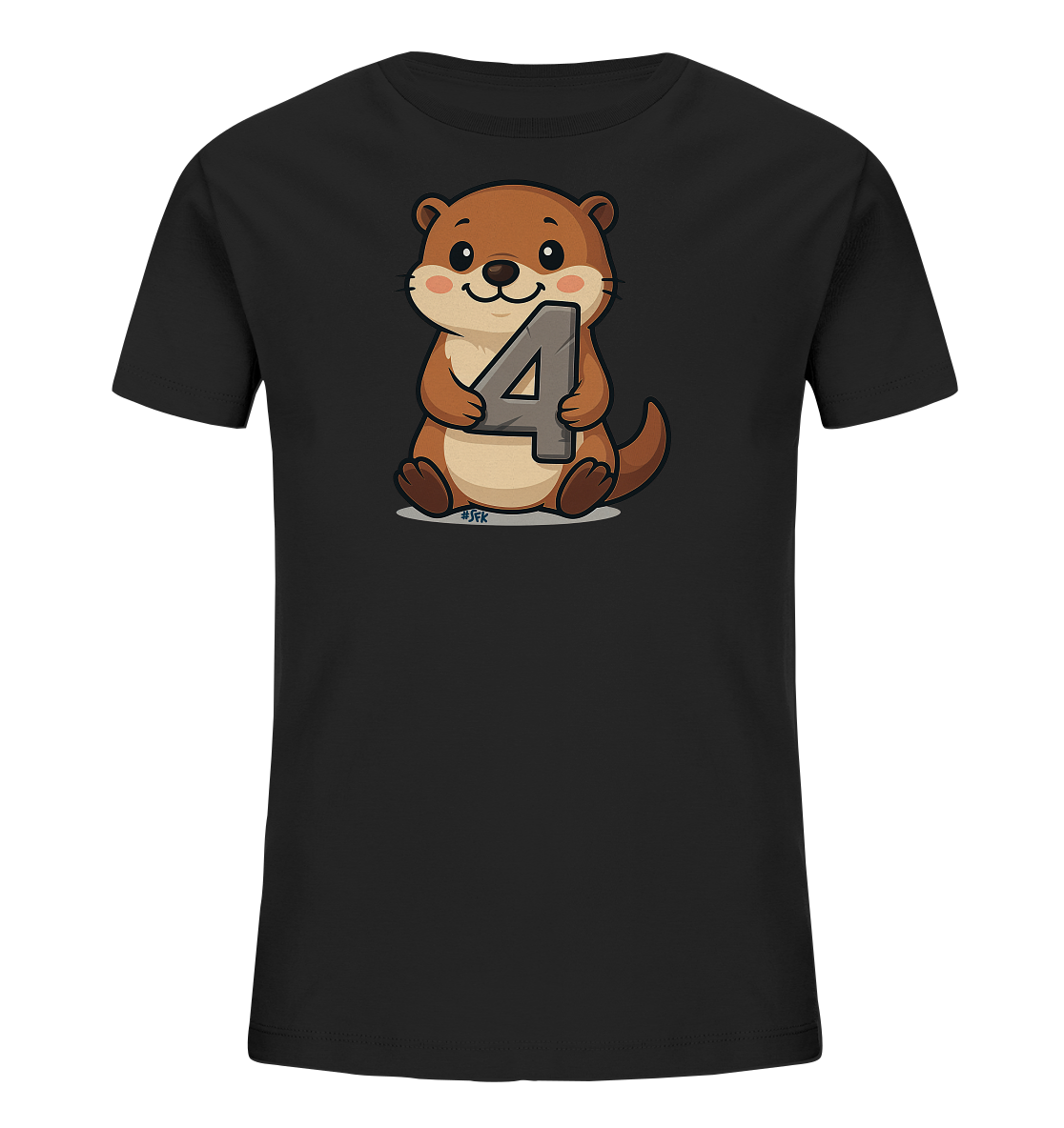 Onlineshop Shirts fuer Kinder - Das Bild zeigt ein schwarzes Kinder-T-Shirt. Auf der Vorderseite ist eine niedliche, comicartige Illustration eines braunen Otters zu sehen. Der Otter sitzt und haelt die graue Zahl '4' in seinen Pfoten. Das Design ist kindgerecht und froehlich gestaltet, passend fuer ein Geburtstagsshirt oder aehnliches.