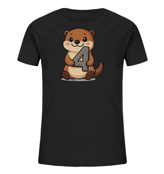 Onlineshop Shirts fuer Kinder - Das Bild zeigt ein schwarzes Kinder-T-Shirt. Auf der Vorderseite ist eine niedliche, comicartige Illustration eines braunen Otters zu sehen. Der Otter sitzt und haelt die graue Zahl '4' in seinen Pfoten. Das Design ist kindgerecht und froehlich gestaltet, passend fuer ein Geburtstagsshirt oder aehnliches.