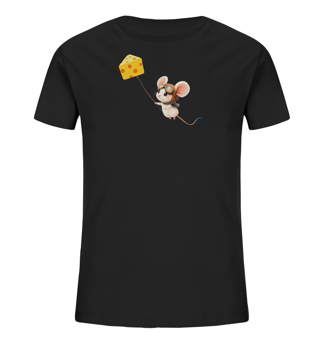Onlineshop Shirts fuer Kinder - Das Bild zeigt ein schwarzes Kinder-T-Shirt mit einem fantasievollen Motiv in der Mitte. Eine kleine, niedliche Maus mit Fliegerbrille und Muetze schwebt, indem sie ein grosses Stueck gelben Kaese wie einen Ballon festhaelt. Das verspielte Design in warmen Farben hebt sich gut vom dunklen Stoff ab. Dieses T-Shirt bietet ein einzigartiges und charmantes Erscheinungsbild.