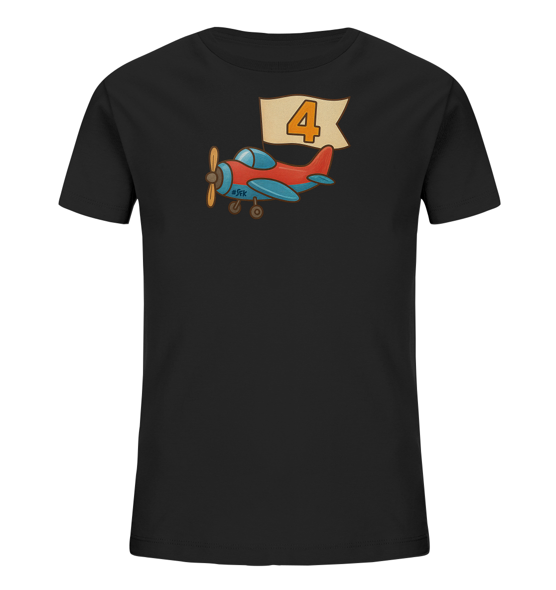 Onlineshop Shirts fuer Kinder - Dieses schwarze T-Shirt fuer Kinder zeigt auf der Vorderseite eine verspielte Illustration eines kleinen roten Flugzeugs mit blauen Details. Über dem Flugzeug ist eine hellbraune Fahne oder ein Banner zu sehen, auf dem die Zahl '4' in Orange abgebildet ist. Das Design ist farbenfroh und froehlich, ideal fuer kleine Flugzeugfans.