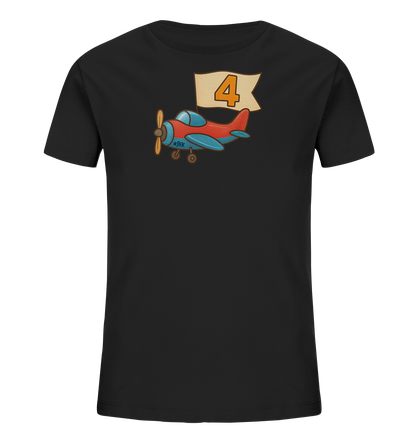Kinder T-Shirt mit rotem und blauem Flugzeug, Banner und Zahl 4