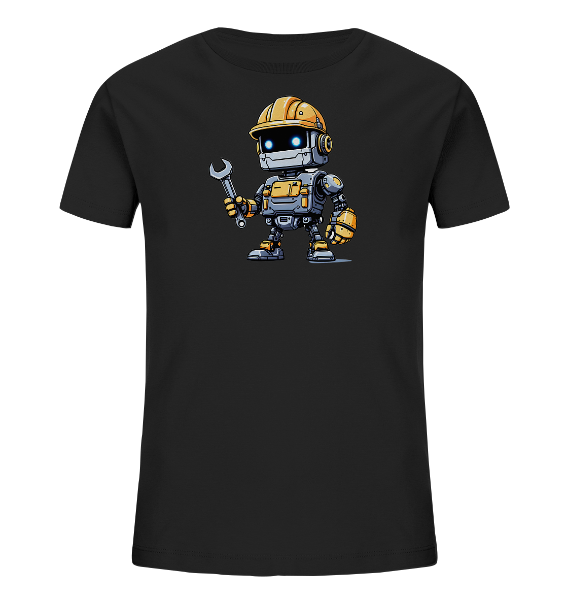 Onlineshop Shirts für Kinder - Das Bild zeigt ein schwarzes Kinder-T-Shirt mit einem auffälligen Grafikdruck auf der Vorderseite. Der Druck stellt einen cartoonhaften Roboter dar, der einen gelben Bauarbeiterhelm trägt und einen großen Schraubenschlüssel hält. Der Roboter hat leuchtend blaue Augen und ist in den Farben Grau und Gelb gestaltet. Die Illustration ist detailliert und zentriert auf dem Shirt platziert, was dem Kleidungsstück einen robusten und freundlichen Charakter verleiht.