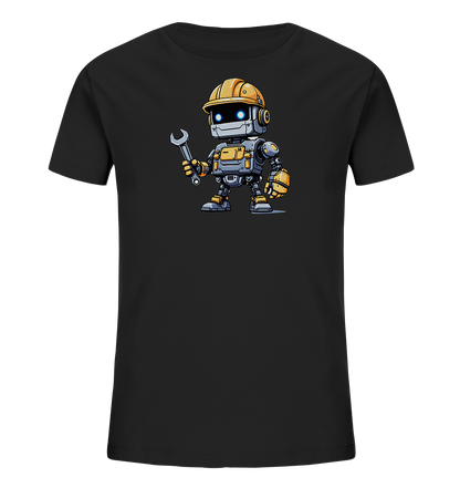 Onlineshop Shirts für Kinder - Das Bild zeigt ein schwarzes Kinder-T-Shirt mit einem auffälligen Grafikdruck auf der Vorderseite. Der Druck stellt einen cartoonhaften Roboter dar, der einen gelben Bauarbeiterhelm trägt und einen großen Schraubenschlüssel hält. Der Roboter hat leuchtend blaue Augen und ist in den Farben Grau und Gelb gestaltet. Die Illustration ist detailliert und zentriert auf dem Shirt platziert, was dem Kleidungsstück einen robusten und freundlichen Charakter verleiht.