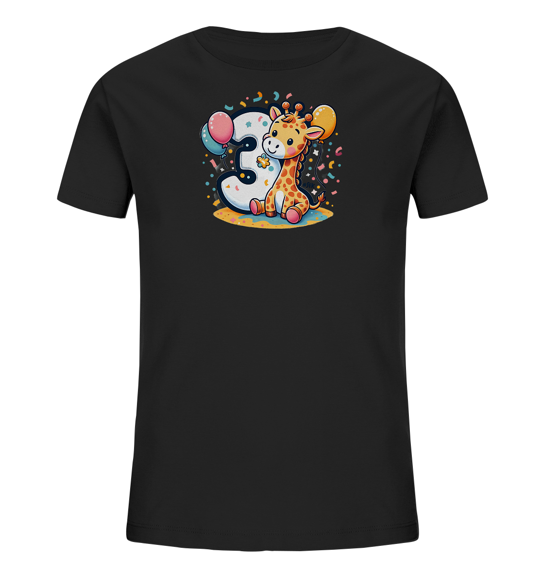 Onlineshop Shirts fuer Kinder - Das Bild zeigt ein schwarzes T-Shirt fuer Kinder mit einer farbenfrohen Grafik auf der Vorderseite. Die Grafik stellt eine niedliche Cartoon-Giraffe dar, die neben der grossen Zahl '3' sitzt. Bunte Ballons und Konfetti umgeben die Szene auf einem runden Bereich. Das Design wirkt insgesamt froehlich und festlich.