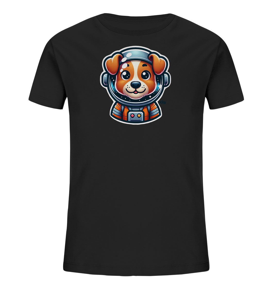Onlineshop Shirts fuer Kinder - Dieses schwarze T-Shirt fuer Kinder zeigt eine niedliche Illustration eines Hundes im Weltraumanzug. Der Hund traegt einen detaillierten Helm mit Visier und einen orangefarbenen Kragen seines Astronautenanzugs. Das Design ist im Comic-Stil gehalten und zeigt den Kopf des freundlich blickenden Hundes. Sterne sind im Hintergrund des Helms zu sehen, was dem Motiv eine verspielte Note verleiht.