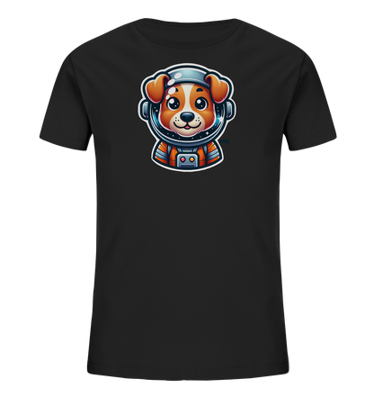 Onlineshop Shirts fuer Kinder - Dieses schwarze T-Shirt fuer Kinder zeigt eine niedliche Illustration eines Hundes im Weltraumanzug. Der Hund traegt einen detaillierten Helm mit Visier und einen orangefarbenen Kragen seines Astronautenanzugs. Das Design ist im Comic-Stil gehalten und zeigt den Kopf des freundlich blickenden Hundes. Sterne sind im Hintergrund des Helms zu sehen, was dem Motiv eine verspielte Note verleiht.