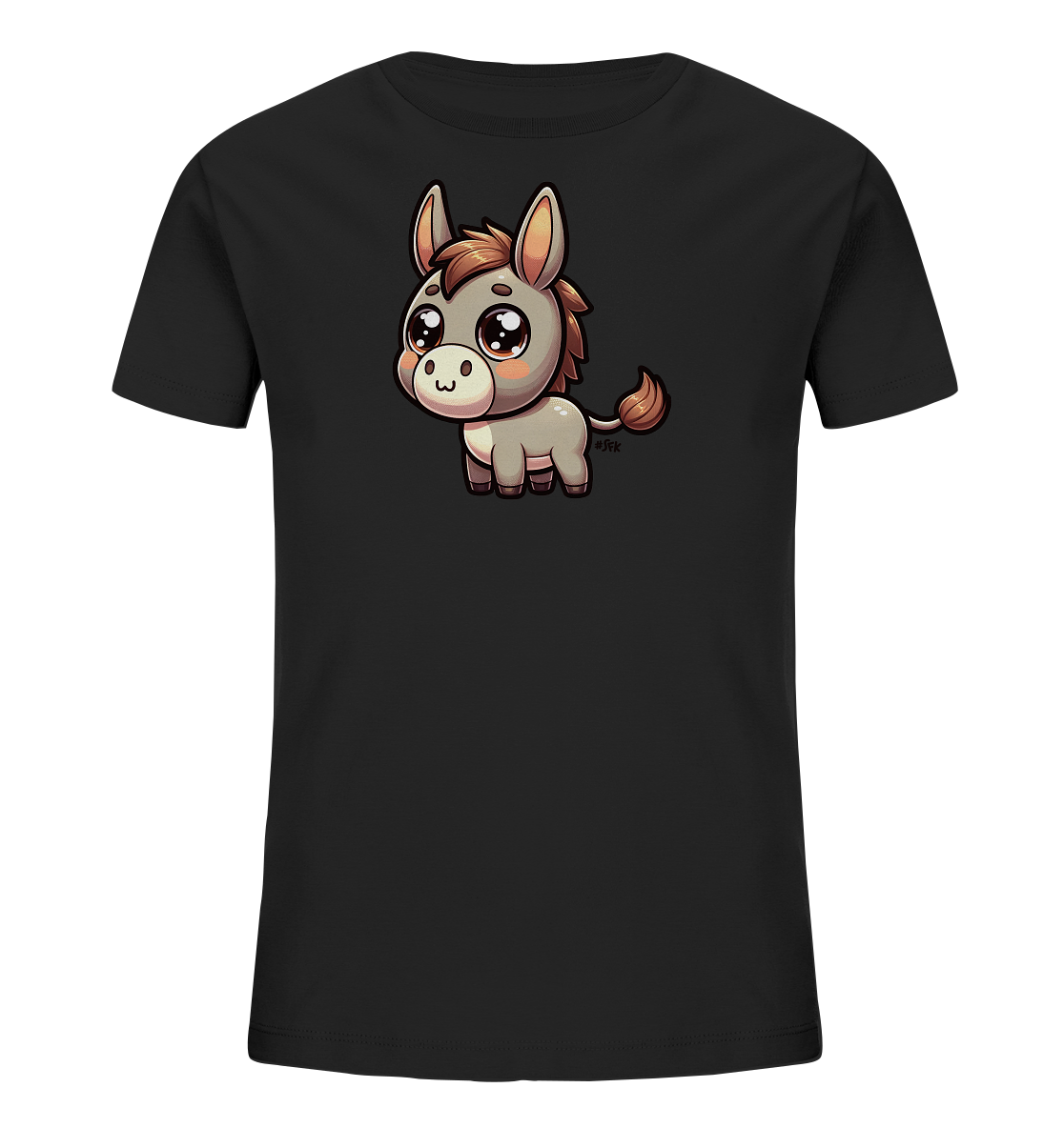 Onlineshop Shirts fuer Kinder - Das Bild zeigt ein schwarzes T-Shirt fuer Kinder mit einem charmanten Druck auf der Vorderseite. Das Motiv stellt einen niedlichen, cartoonartigen Esel mit grossen Kulleraugen und braunem Haar dar. Der Esel hat einen freundlichen Gesichtsausdruck und steht in einer aufrechten Position. Die Grafik ist farblich dezent und fuegt sich gut in das schlichte Shirt-Design ein.