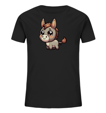 Onlineshop Shirts fuer Kinder - Das Bild zeigt ein schwarzes T-Shirt fuer Kinder mit einem charmanten Druck auf der Vorderseite. Das Motiv stellt einen niedlichen, cartoonartigen Esel mit grossen Kulleraugen und braunem Haar dar. Der Esel hat einen freundlichen Gesichtsausdruck und steht in einer aufrechten Position. Die Grafik ist farblich dezent und fuegt sich gut in das schlichte Shirt-Design ein.