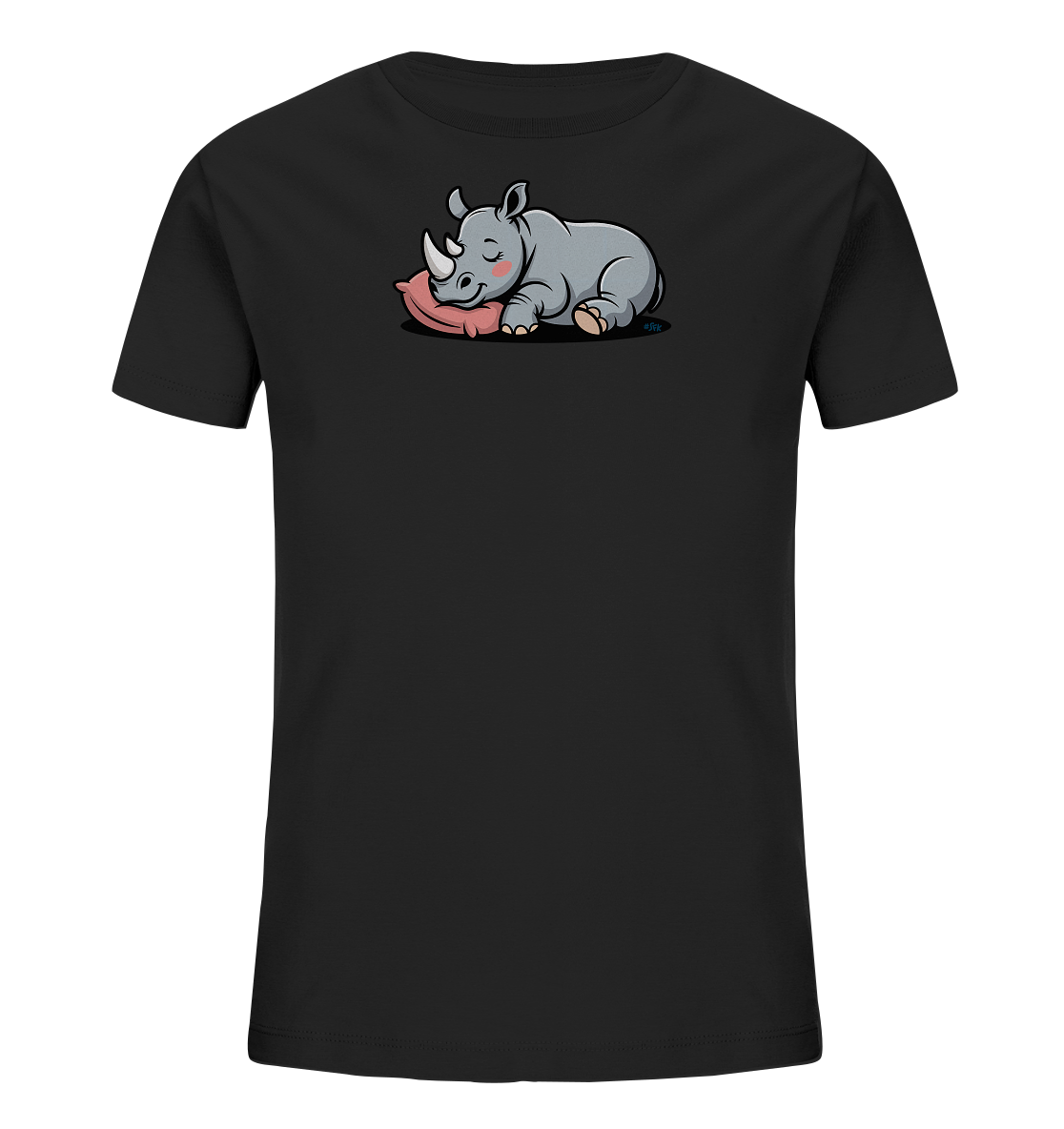 Onlineshop Shirts fuer Kinder - Das Bild zeigt ein schwarzes Kinder-T-Shirt mit einem niedlichen Aufdruck eines schlafenden Nashorns. Das graue Nashorn liegt gemuetlich auf einem rosa Kissen, die Augen sind geschlossen und es hat einen sanften Gesichtsausdruck. Das Motiv ist zentral auf der Brust platziert und verleiht dem Shirt einen verspielten und beruhigenden Charakter.