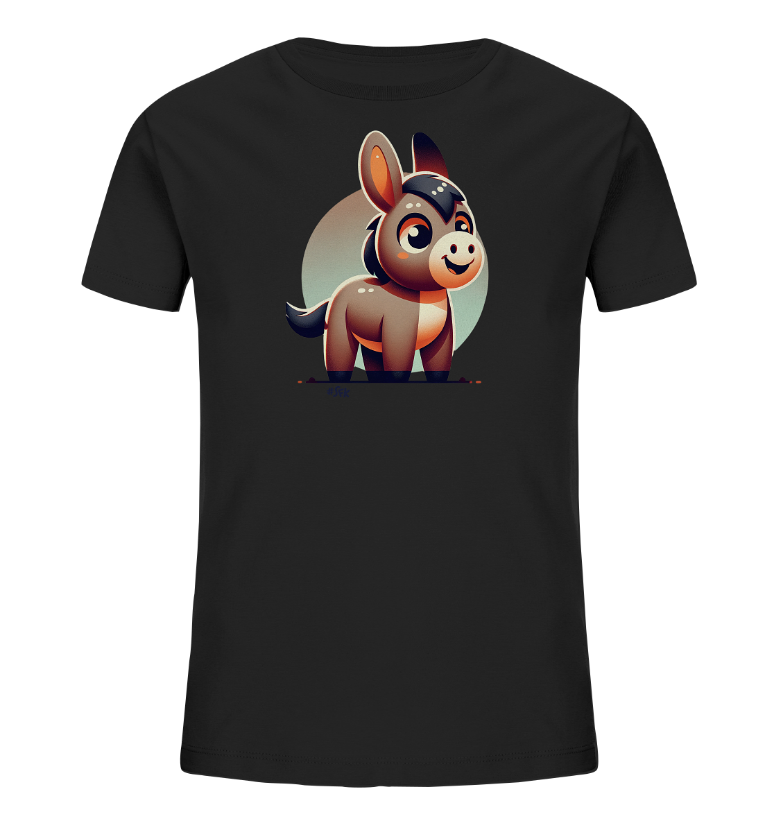 Onlineshop Shirts fuer Kinder - Das Bild zeigt ein schwarzes T-Shirt fuer Kinder mit einem niedlichen, cartoonhaften Esel auf der Vorderseite. Der Esel hat grosse Augen und ein freundliches Laecheln. Er ist in Brauntoenen dargestellt und steht vor einem hellen, kreisfoermigen Hintergrund. Das Design wirkt verspielt und ansprechend.