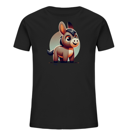 Onlineshop Shirts fuer Kinder - Das Bild zeigt ein schwarzes T-Shirt fuer Kinder mit einem niedlichen, cartoonhaften Esel auf der Vorderseite. Der Esel hat grosse Augen und ein freundliches Laecheln. Er ist in Brauntoenen dargestellt und steht vor einem hellen, kreisfoermigen Hintergrund. Das Design wirkt verspielt und ansprechend.