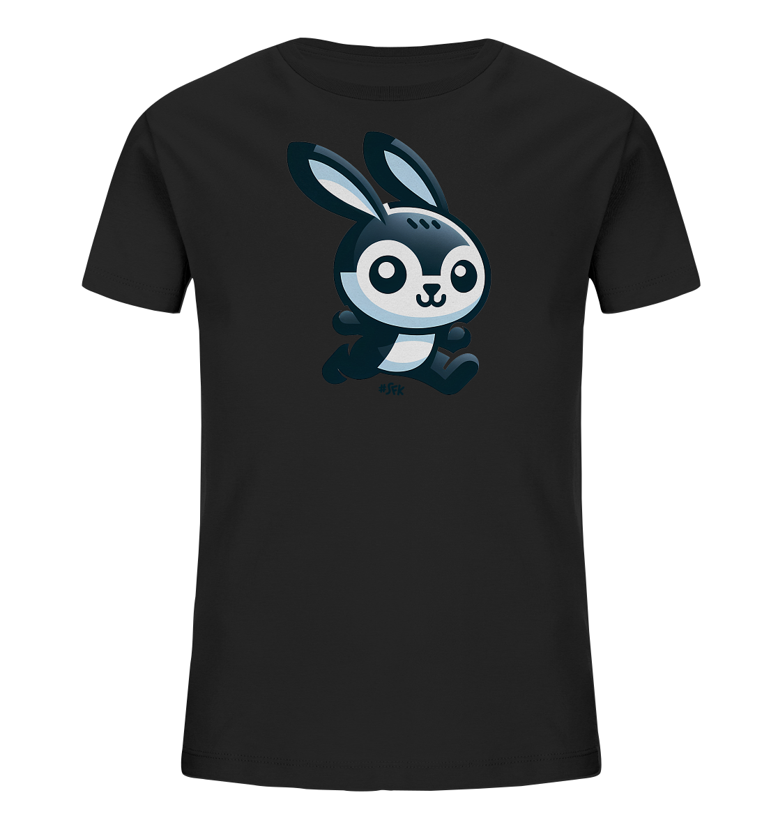 Onlineshop Shirts fuer Kinder - Schwarzes Kinder-T-Shirt mit einem niedlichen Comic-Hasen. Der Hase in Schwarz, Weiss und Blau hat grosse Augen und rennt froehlich.