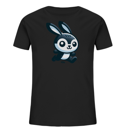 Onlineshop Shirts fuer Kinder - Schwarzes Kinder-T-Shirt mit einem niedlichen Comic-Hasen. Der Hase in Schwarz, Weiss und Blau hat grosse Augen und rennt froehlich.