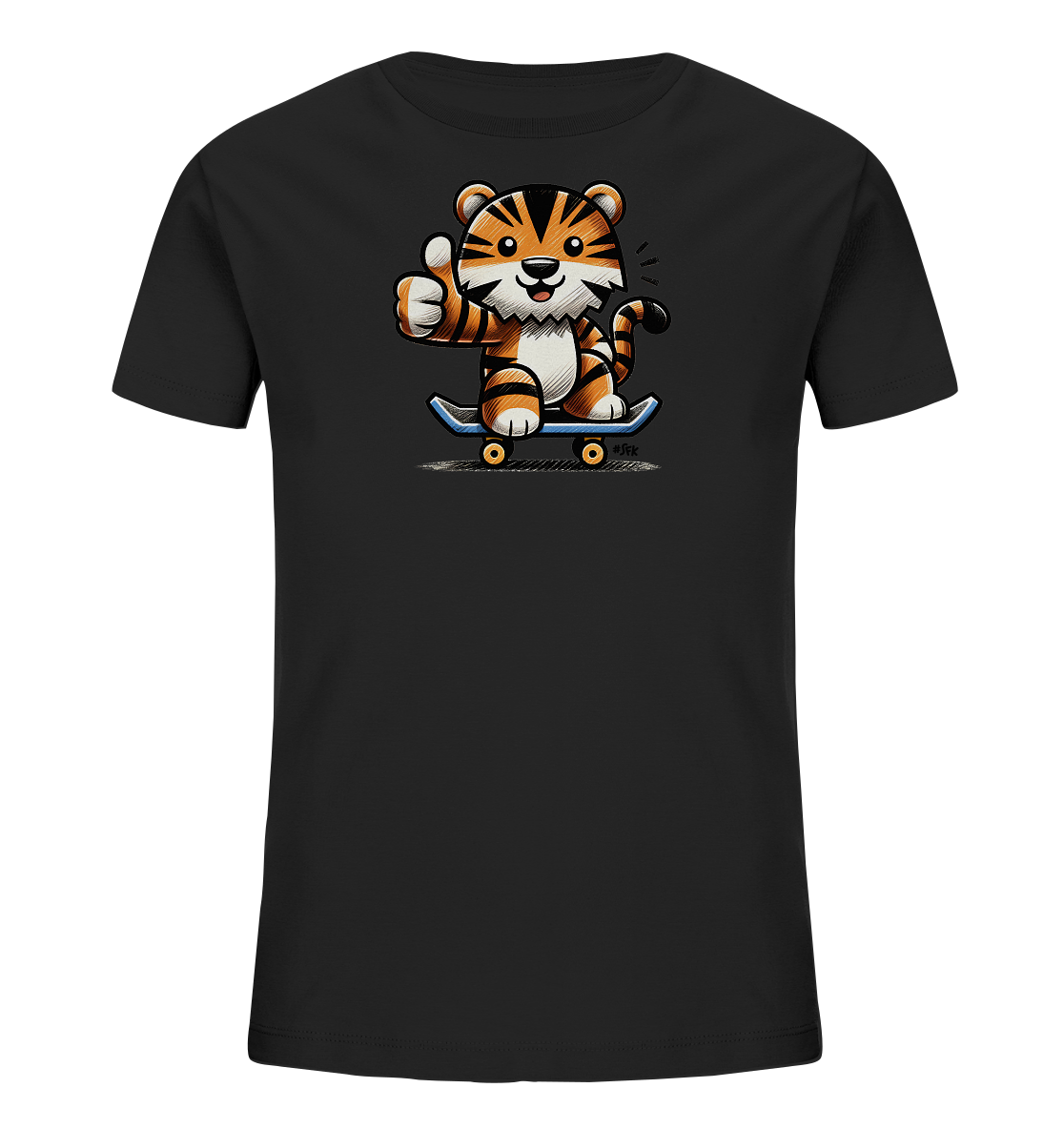 Onlineshop Shirts fuer Kinder - Das Bild zeigt ein schwarzes Kinder-T-Shirt mit einem coolen Tiger-Motiv auf der Vorderseite. Ein freundlicher Cartoon-Tiger sitzt auf einem blauen Skateboard und gibt einen Daumen nach oben. Das Design ist farbenfroh und detailreich, mit den charakteristischen orange-schwarzen Streifen des Tigers. Es ist ein verspieltes Motiv, das Bewegung und positive Energie ausstrahlt.
