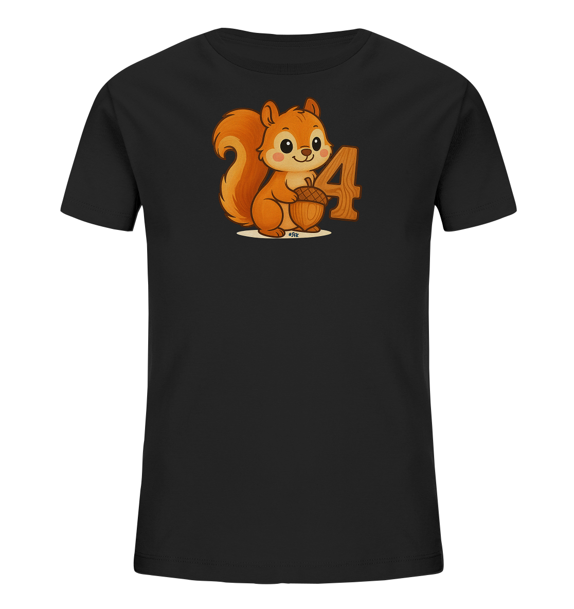 Onlineshop Shirts fuer Kinder - Dieses schwarze T-Shirt fuer Kinder praesentiert eine charmante Illustration eines Eichhoernchens. Das freundliche Eichhoernchen haelt eine Eichel und ist neben der stilisierten Zahl Vier abgebildet. Die Grafik ist farbenfroh und im Comic-Stil gehalten. Dieses Design passt ideal fuer Kinder, besonders zum vierten Geburtstag.