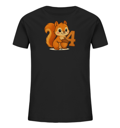 Onlineshop Shirts fuer Kinder - Dieses schwarze T-Shirt fuer Kinder praesentiert eine charmante Illustration eines Eichhoernchens. Das freundliche Eichhoernchen haelt eine Eichel und ist neben der stilisierten Zahl Vier abgebildet. Die Grafik ist farbenfroh und im Comic-Stil gehalten. Dieses Design passt ideal fuer Kinder, besonders zum vierten Geburtstag.