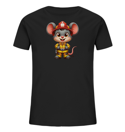 Onlineshop Shirts fuer Kinder - Das Bild zeigt ein schwarzes Kinder-T-Shirt mit einer detailreichen Illustration einer Maus. Die Maus ist als Feuerwehrmann gekleidet, traegt einen roten Helm und einen gelben Schutzanzug. Sie steht aufrecht und hat einen freundlichen Gesichtsausdruck. Das Motiv ist in einem ansprechenden Cartoon-Stil gehalten.