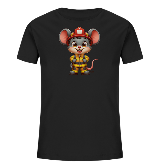 Onlineshop Shirts fuer Kinder - Das Bild zeigt ein schwarzes Kinder-T-Shirt mit einer detailreichen Illustration einer Maus. Die Maus ist als Feuerwehrmann gekleidet, traegt einen roten Helm und einen gelben Schutzanzug. Sie steht aufrecht und hat einen freundlichen Gesichtsausdruck. Das Motiv ist in einem ansprechenden Cartoon-Stil gehalten.