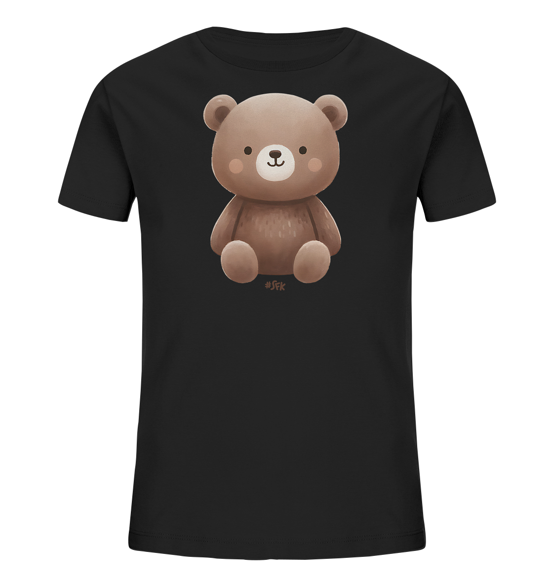 Onlineshop Shirts fuer Kinder - Das Bild zeigt ein schwarzes Kinder-T-Shirt mit einem grossen, freundlichen Teddybaer-Motiv auf der Vorderseite. Der cartoonhafte Baer hat braunes Fell, rosige Wangen und ein sanftes Laecheln. Er sitzt aufrecht in der Mitte des Shirts. Das Design ist einfach und niedlich, ideal fuer kleine Kinder.