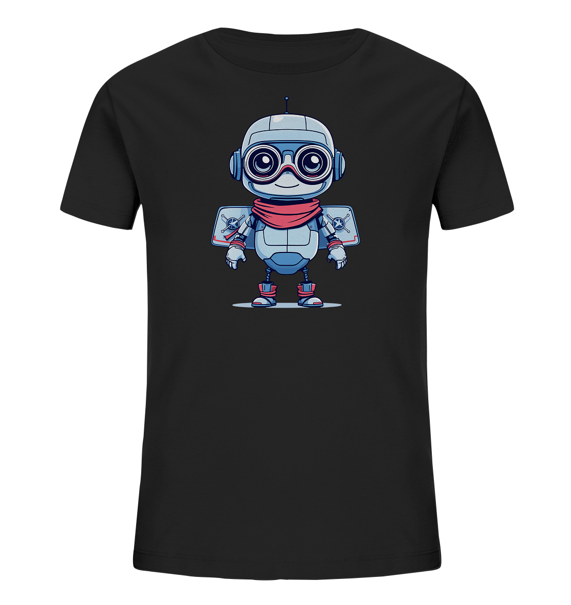 Onlineshop Shirts für Kinder - Das Bild zeigt ein schwarzes T-Shirt für Kinder mit einer detaillierten Grafik eines niedlichen Roboters auf der Vorderseite. Der Roboter hat einen hellblauen Körper, große runde Augen hinter einer Schutzbrille und eine Antenne auf dem Kopf. Er trägt einen roten Schal um den Hals und hat dekorative Flügel oder ein Jetpack am Rücken sowie rote Schuhe. Das freundliche und verspielte Design macht das T-Shirt zu einem attraktiven Kleidungsstück für Kinder.