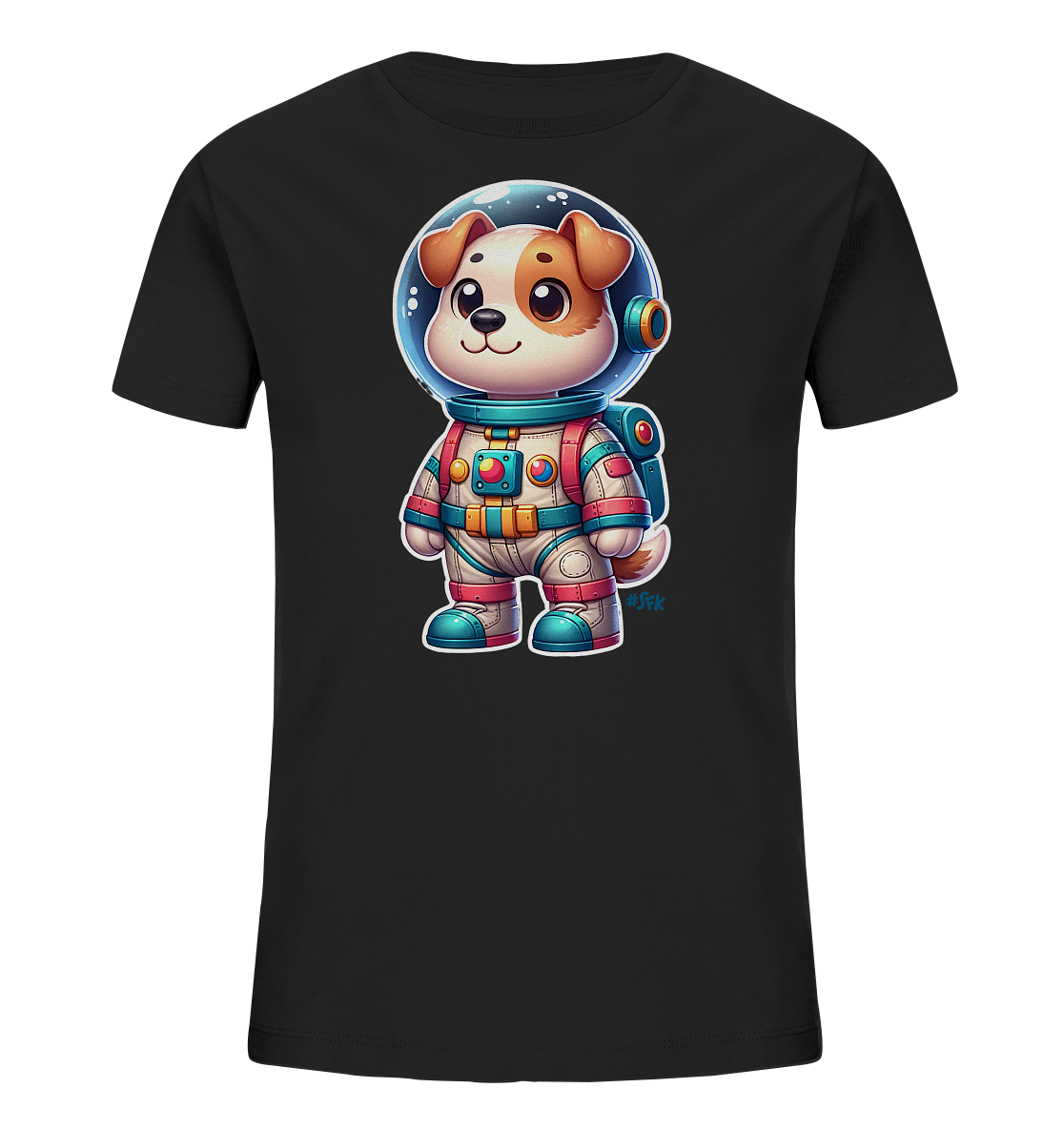 Onlineshop Shirts fuer Kinder - Das Bild zeigt ein schwarzes Kinder-T-Shirt mit einer Illustration eines niedlichen Hundes in einem Astronautenanzug. Der Hund hat grosse Augen und traegt einen Helm, der sein Gesicht zeigt. Der bunte Anzug ist detailliert gestaltet und verleiht dem Motiv einen verspielten, weltraumbezogenen Charakter. Die Grafik ist zentral auf der Vorderseite des Shirts platziert.