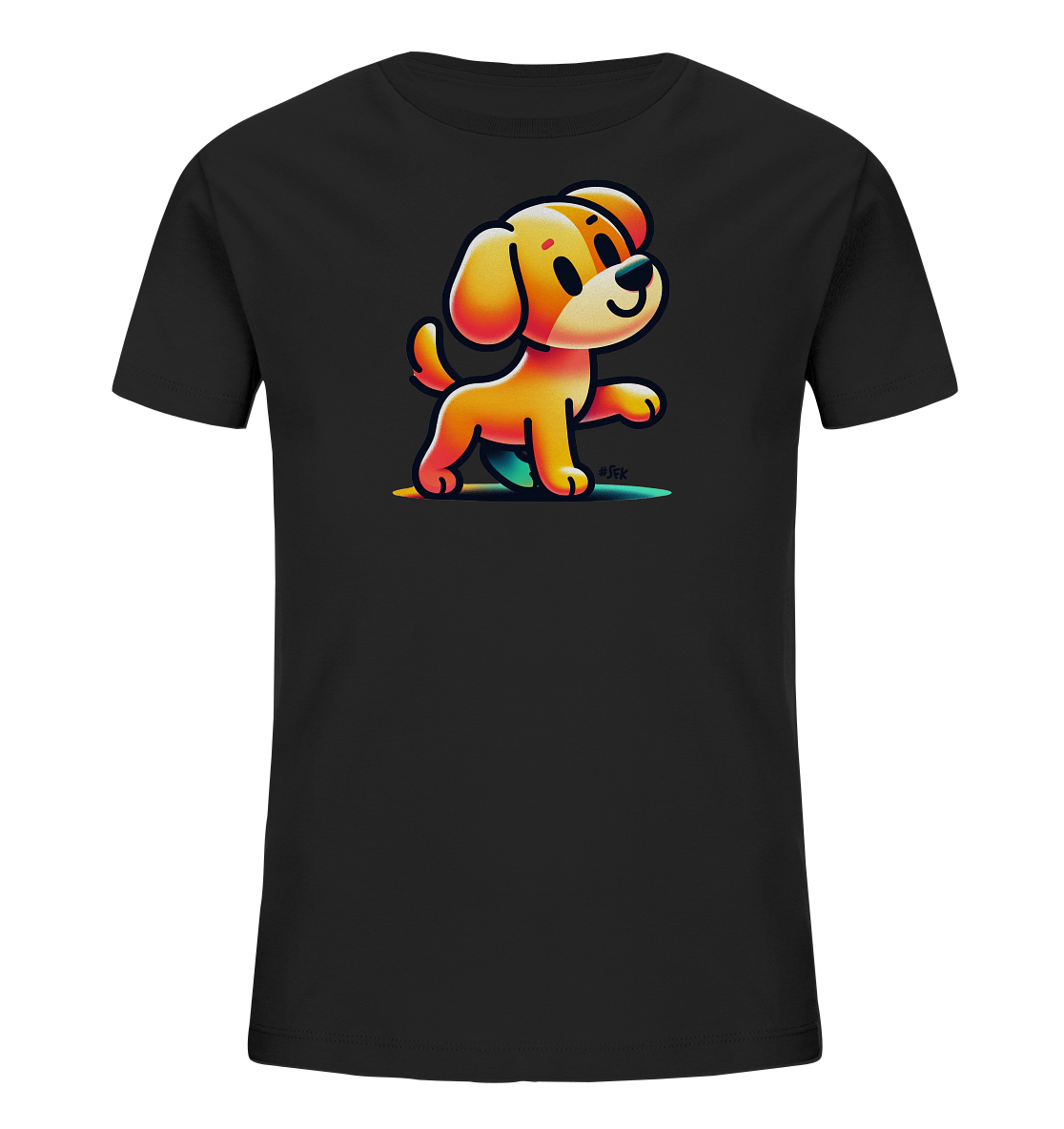 Onlineshop Shirts fuer Kinder - Das Bild zeigt ein schwarzes T-Shirt mit einer bunten Illustration eines kleinen Hundes. Der cartoonartige Hund ist hellgelb bis orange gefaerbt, steht aufrecht und hebt spielerisch eine Pfote. Unter dem Hund ist ein farbiger Schatten in verschiedenen Gruen- und Blautoenen zu sehen. Das Motiv verleiht dem Shirt einen freundlichen und verspielten Look.
