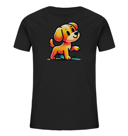 Kinder T-Shirt mit hellbraunem Cartoon-Hund, Lächeln und erhobener Pfote