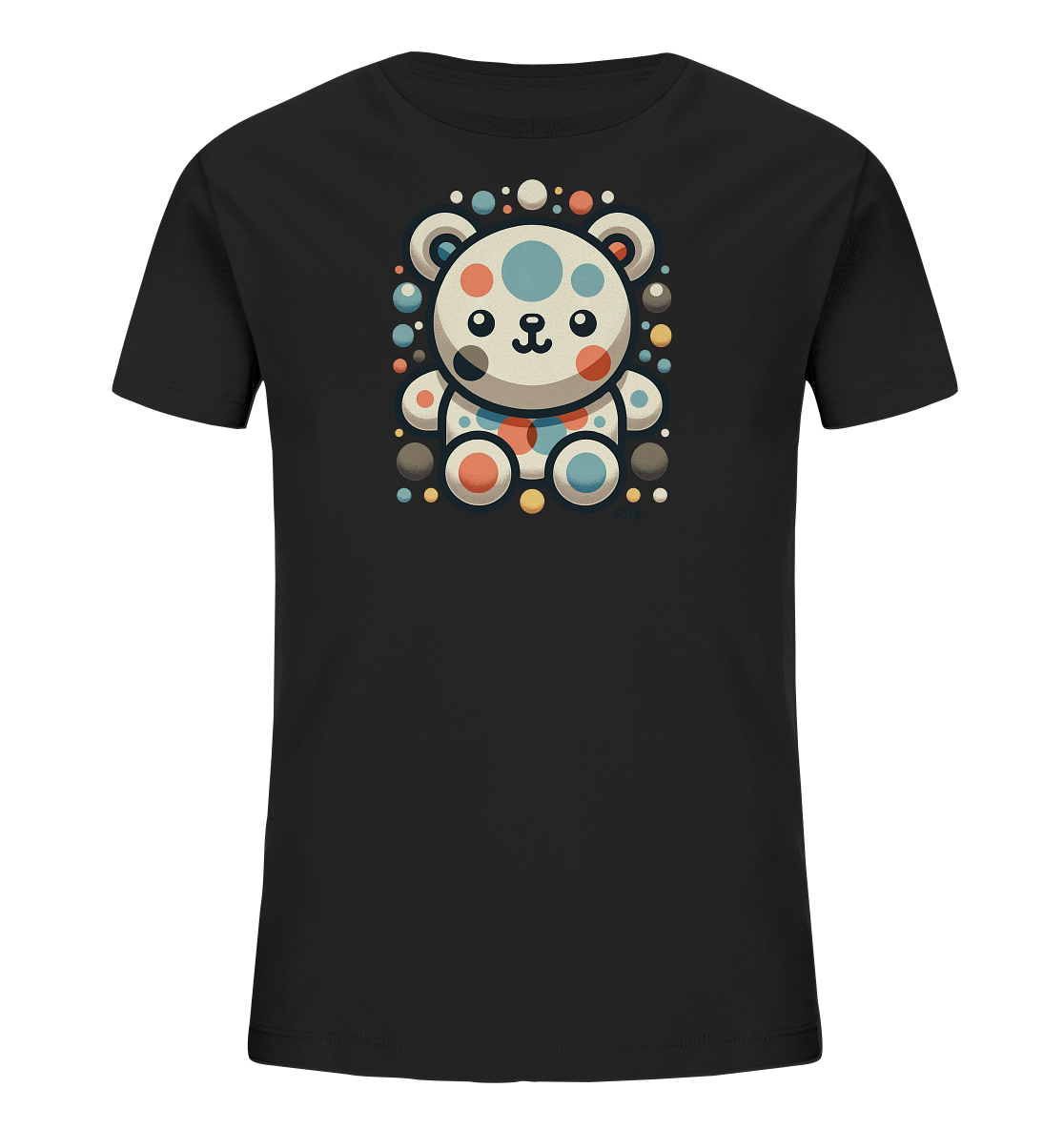 Onlineshop Shirts fuer Kinder - Das schwarze Kinder T-Shirt zeigt eine stilisierte Darstellung eines Baeren. Der Baer ist aus unterschiedlich grossen Kreisen in Weiss, Blau, Orange und Schwarz zusammengesetzt. Um das Motiv herum sind zahlreiche bunte Punkte angeordnet, die dem Design einen froehlichen Touch verleihen. Dieses moderne und verspielte Muster ist auf der Vorderseite des Shirts platziert.