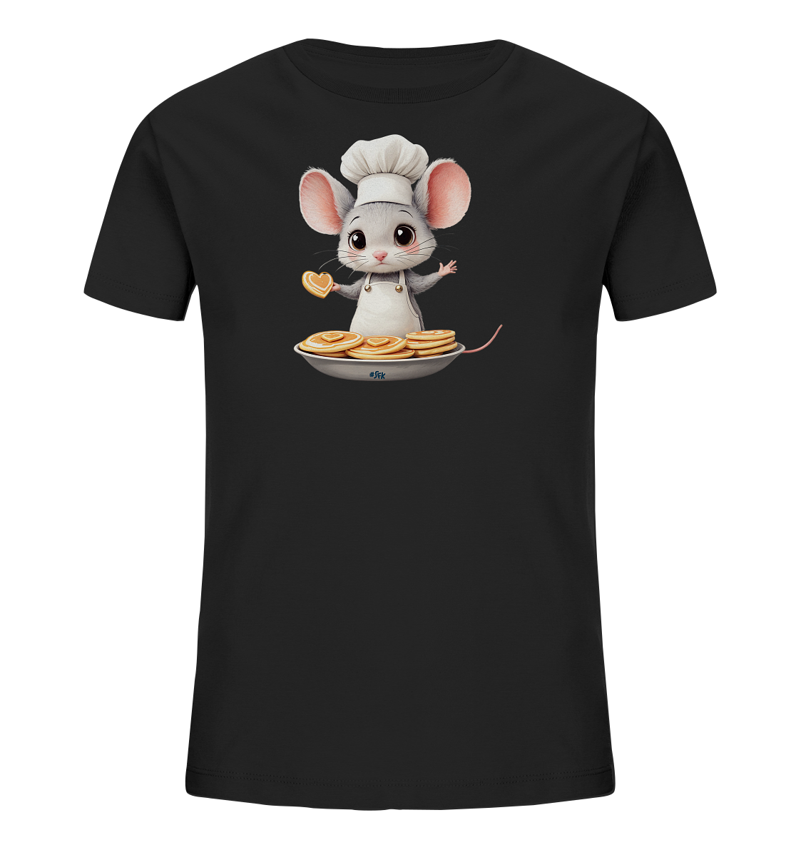 Dunkelblaues Kinder-T-Shirt mit niedlicher Maus und Herz-Pfannkuchen-Motiv.